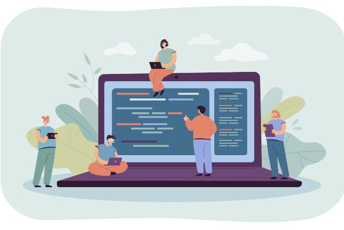 Equipo de desarrolladores editando código de FAQ Schema | Glosario de términos LBR
